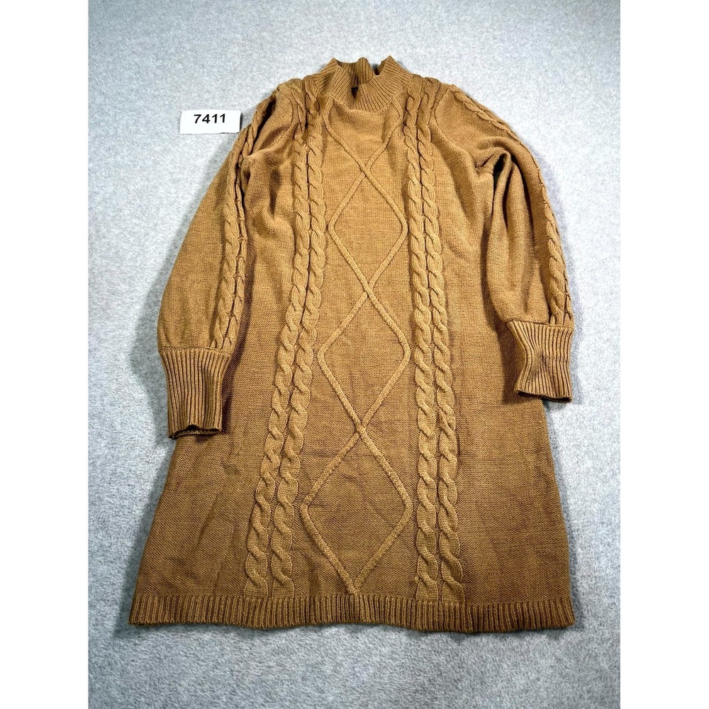 Adrienne Vittadini Sweater Dress Womens Large Brown Acrylic Cable Knit Mock Neck